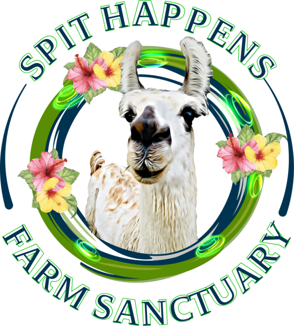 Spit Happens Farm Sanctuary logo: Oakie the llama framed by a green ring and hibiscus flowers